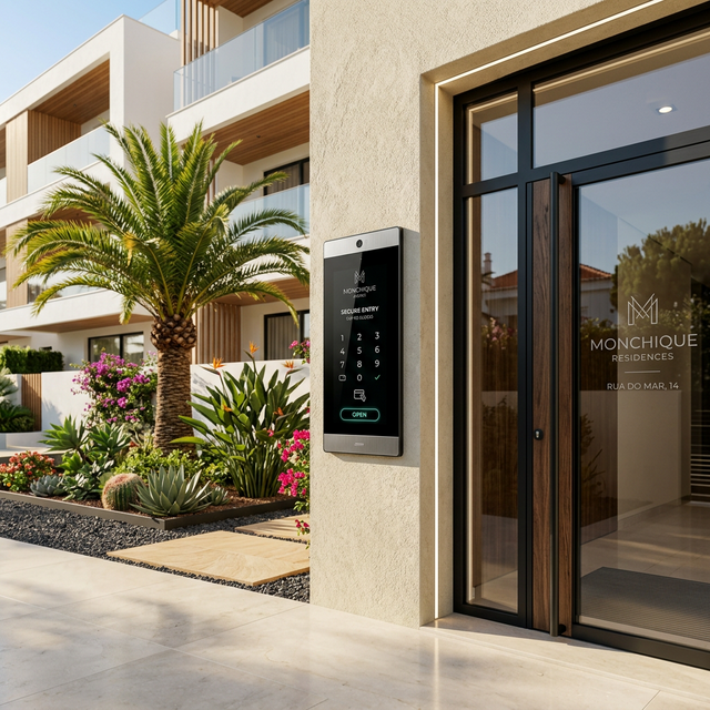 Entrada eletrónica num bloco de apartamentos em Praia da Rocha, Portimão, demonstrando segurança de topo